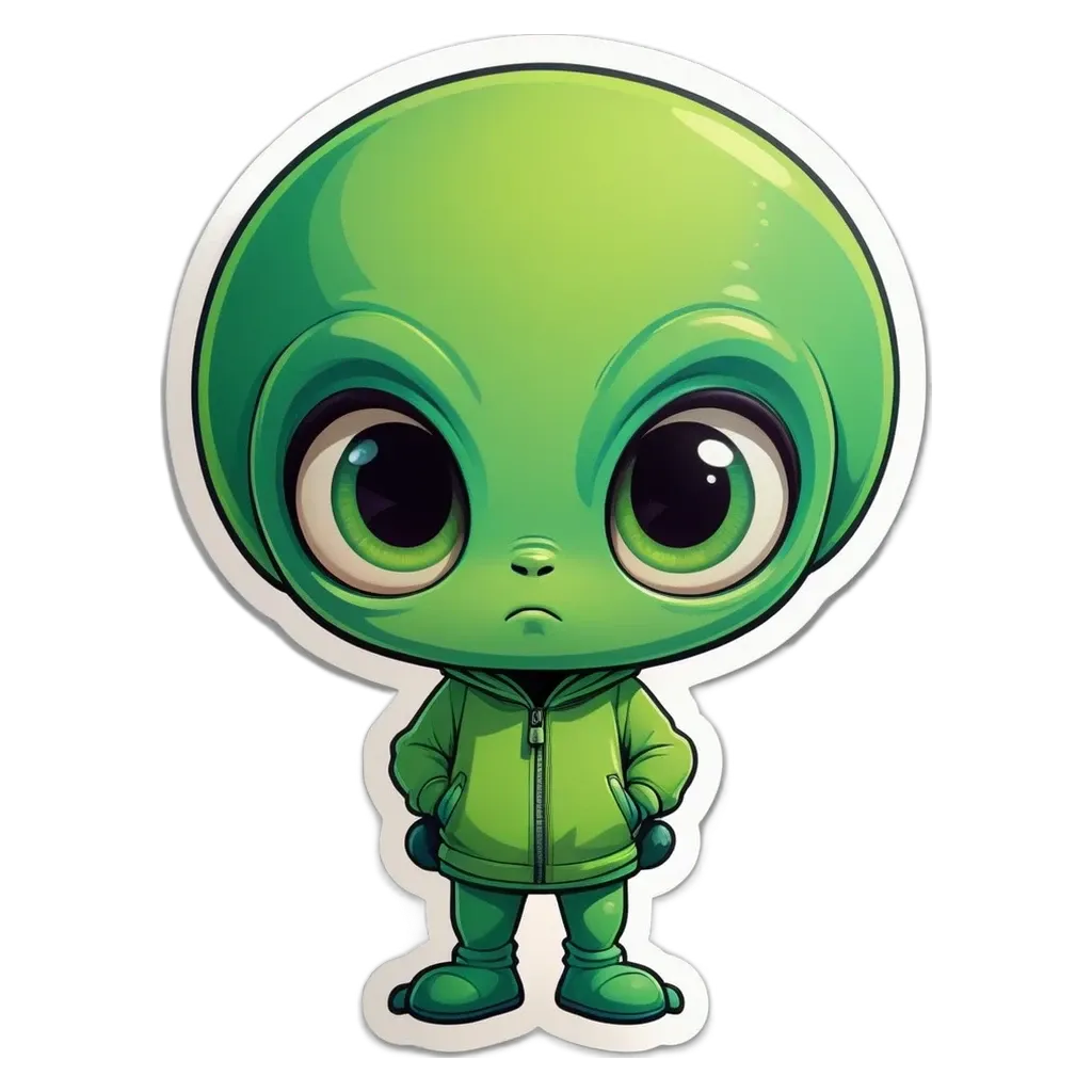 A green alien sticker that is unhappy.