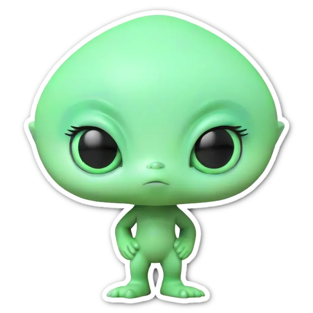 A green figure with big eyes and a sad expression.