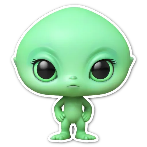 A green figure with big eyes and a sad expression.