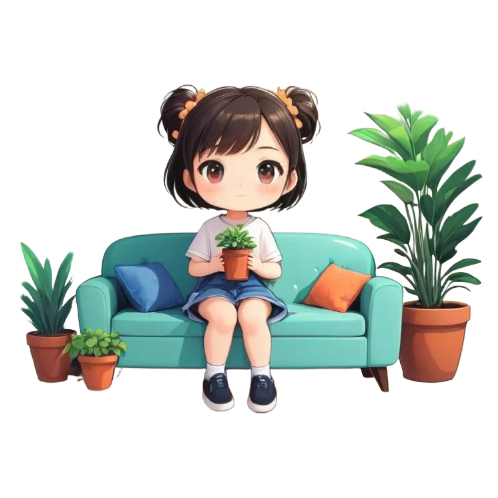 A girl is sitting on a couch holding a potted plant.