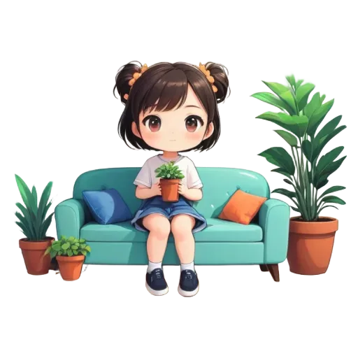 A girl is sitting on a couch holding a potted plant.