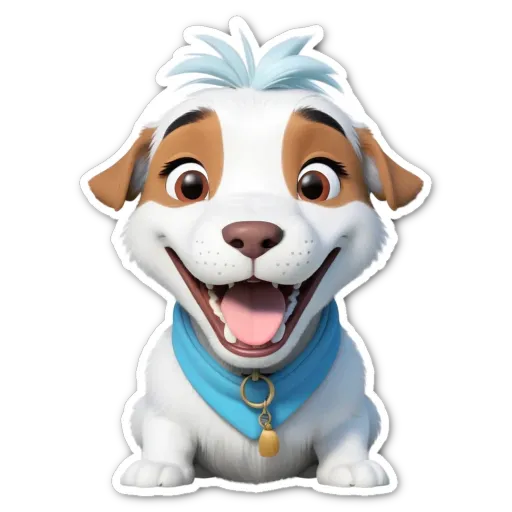 A dog that is white with brown ears and a blue scarf around its neck.
