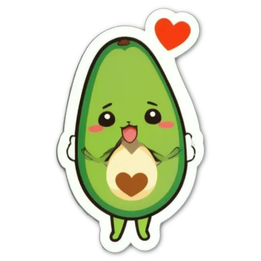 A green avocado with a heart sticker on it.