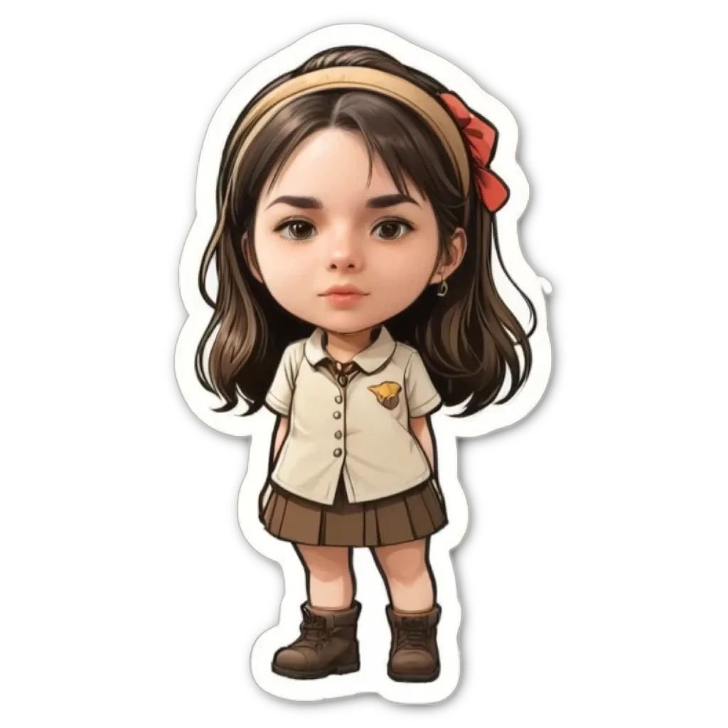A sticker of a girl with brown hair and a school uniform.