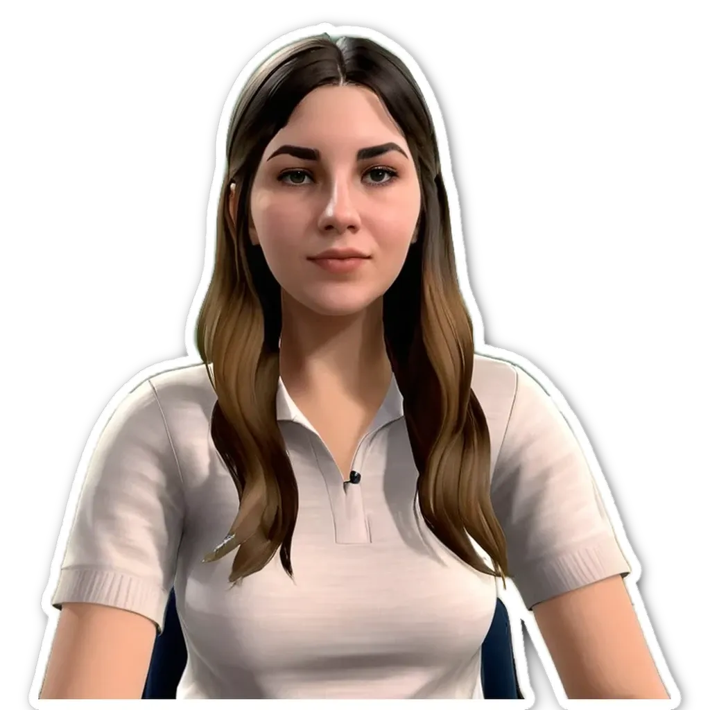 A woman wearing a white shirt with a black collar.