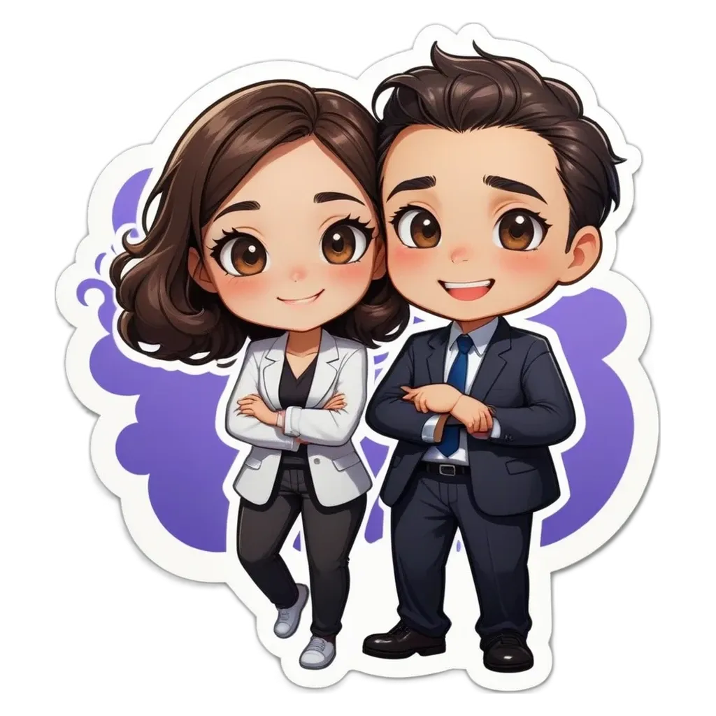 A boy and girl in a cartoon like image with the girl wearing a tie.