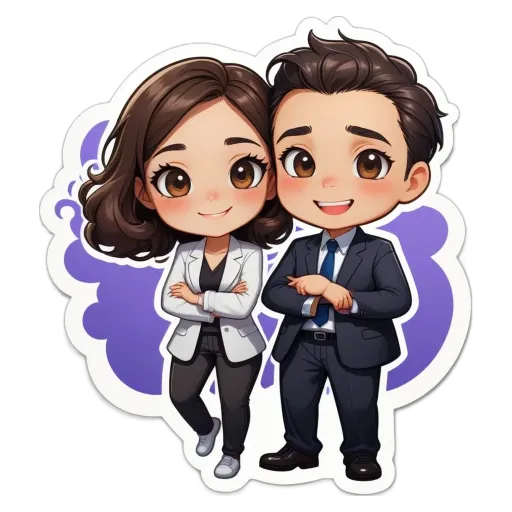 A boy and girl in a cartoon like image with the girl wearing a tie.