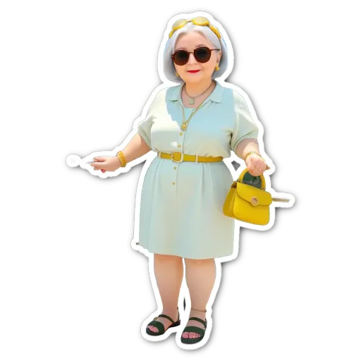 An elderly woman wearing a white dress and holding a yellow purse.