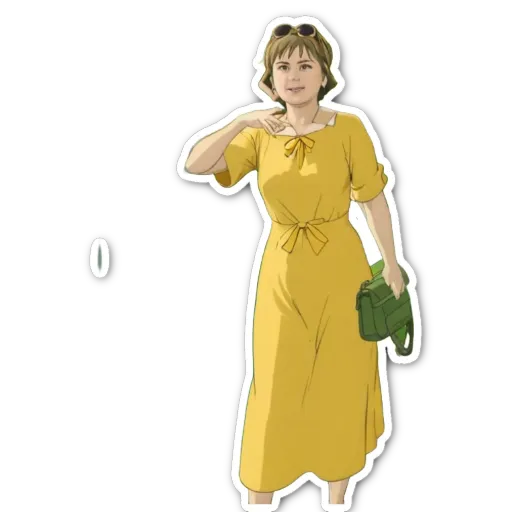 A yellow dress with a green purse is shown with a woman.