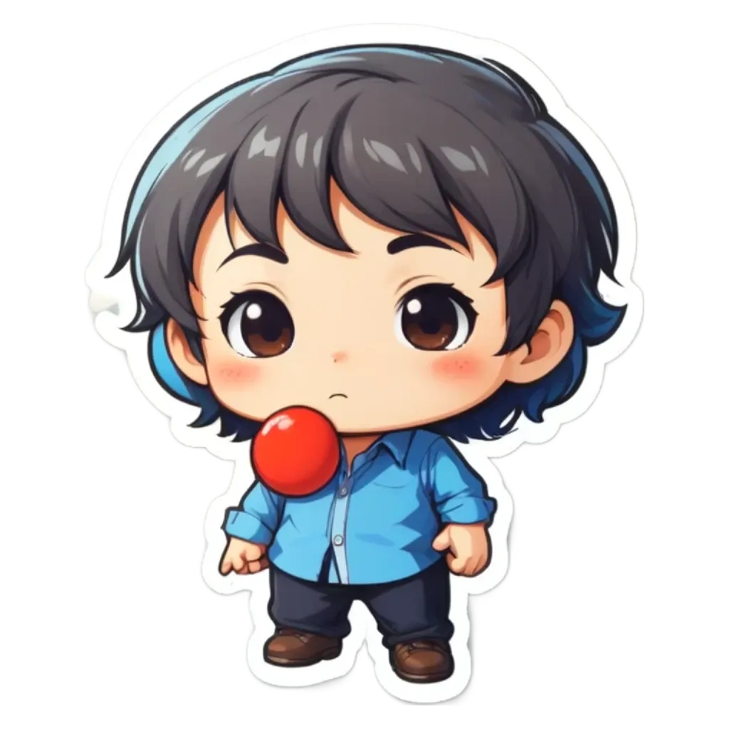 A boy is holding a red bubblegum in his mouth.