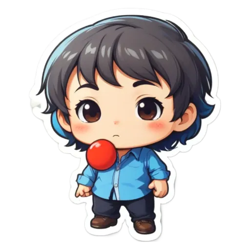 A boy is holding a red bubblegum in his mouth.