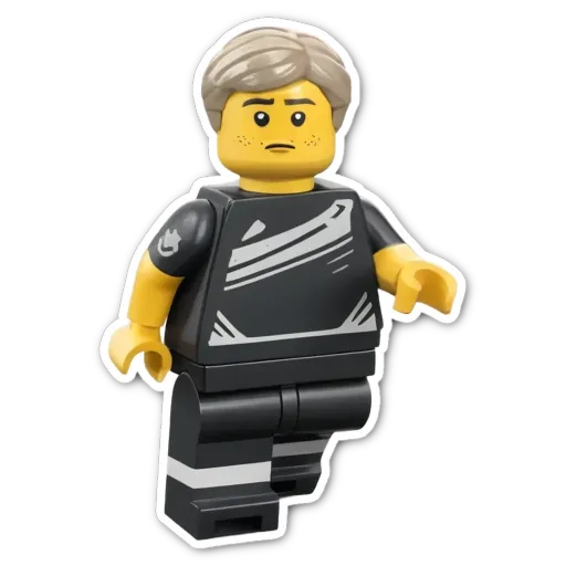 A black and yellow lego person who looks sad.