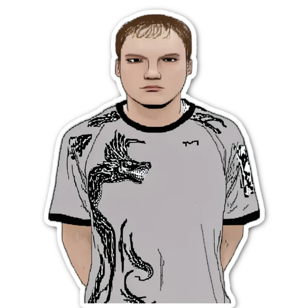 A drawing of a man with a dragon shirt.