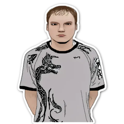 A drawing of a man with a dragon shirt.