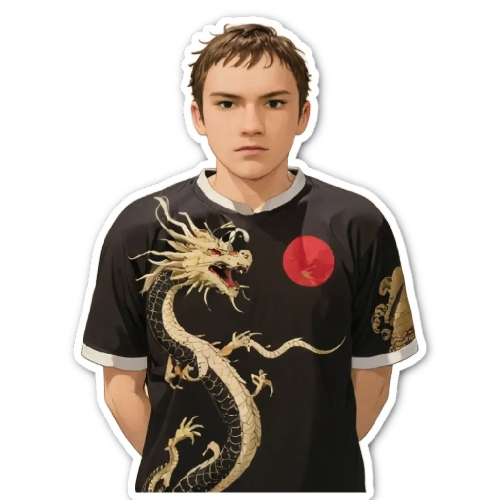 A boy is wearing a dragon shirt.