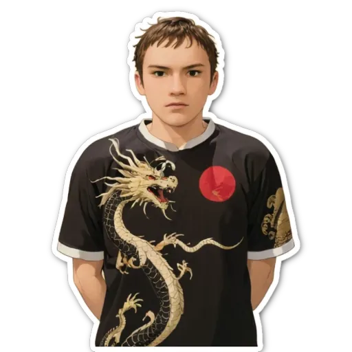 A boy is wearing a dragon shirt.