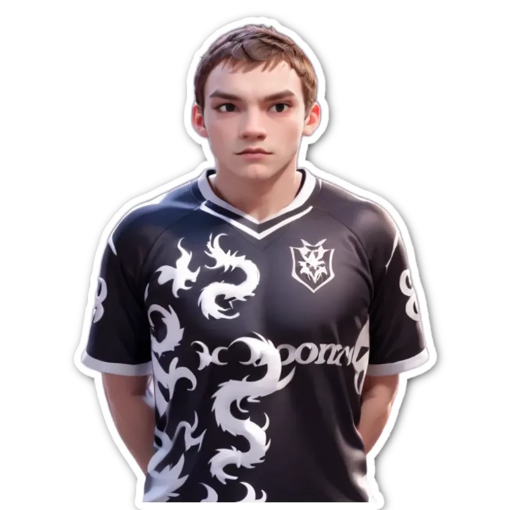 A sticker of a young man wearing a sports jersey that says Do8.