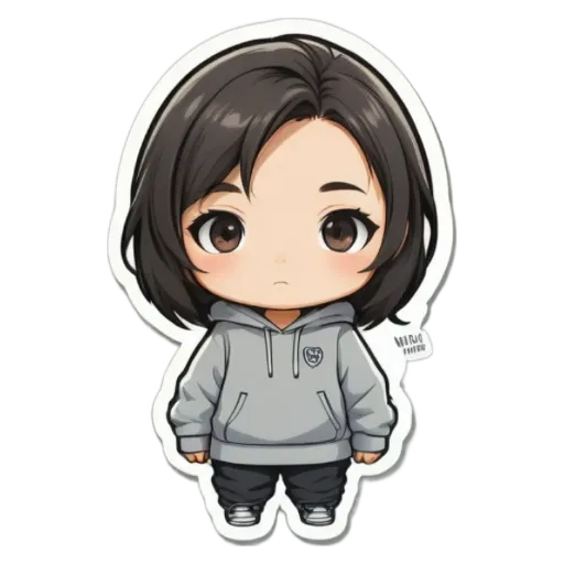 A girl wearing a grey sweatshirt with an emblem on it.