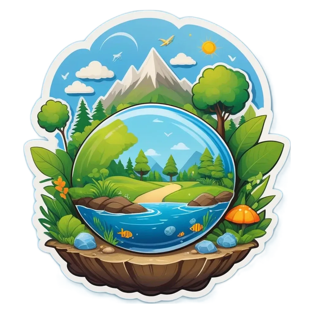 A nature scene is depicted with a glass wall that is part of a pond and a forest.