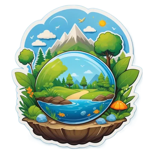 A nature scene is depicted with a glass wall that is part of a pond and a forest.