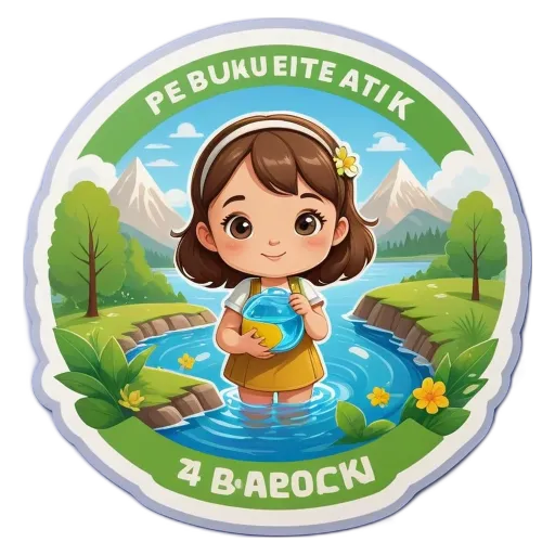A cartoon image of a girl swimming in a lake with a green sticker that says 4 b'a rock.