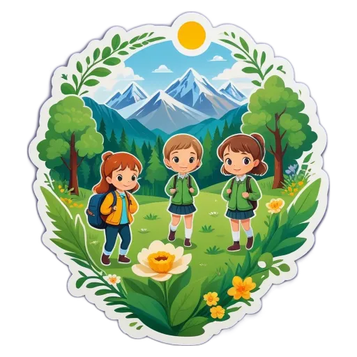 Three children wearing backpacks standing in a circle.