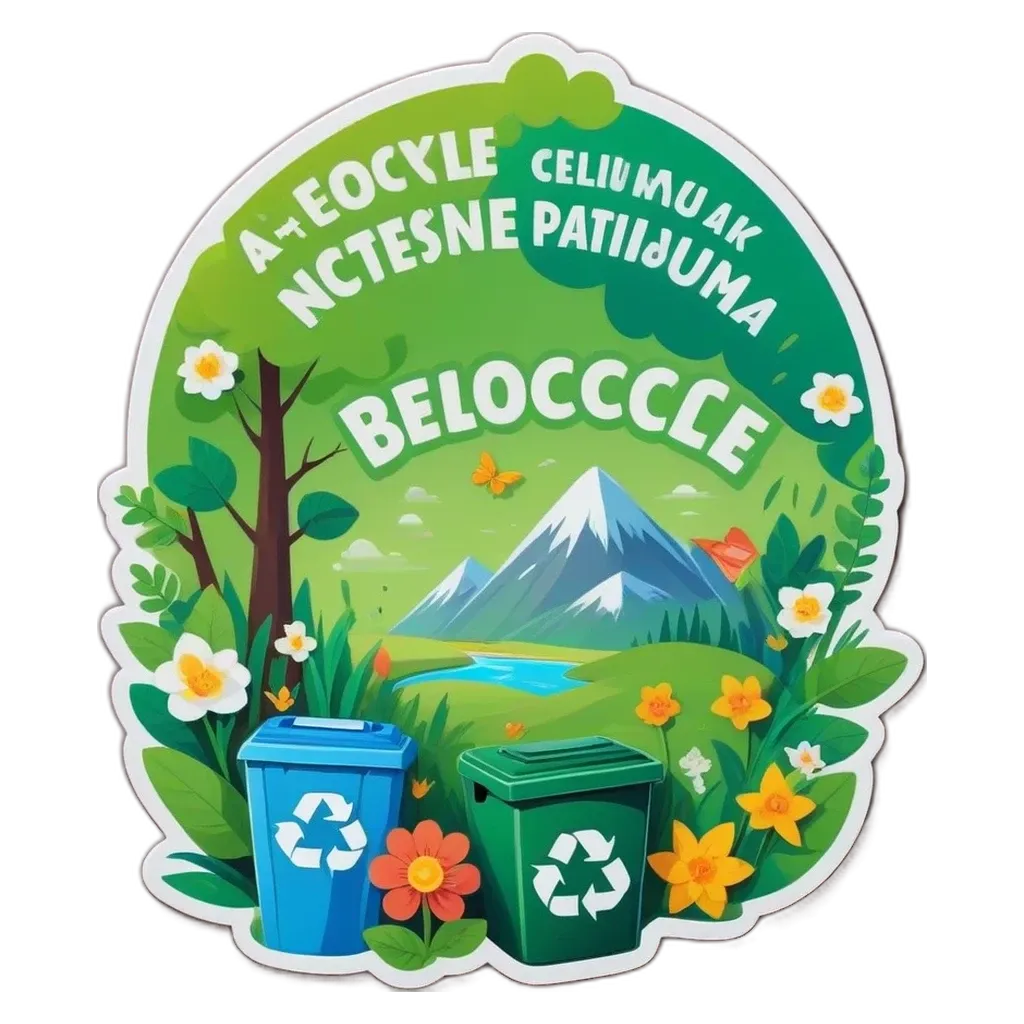 A recycling bin with a sign that says Belocccle in front of a mountain.