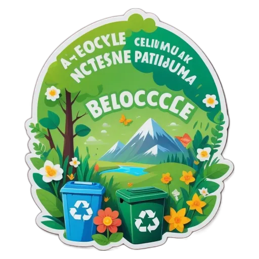 A recycling bin with a sign that says Belocccle in front of a mountain.