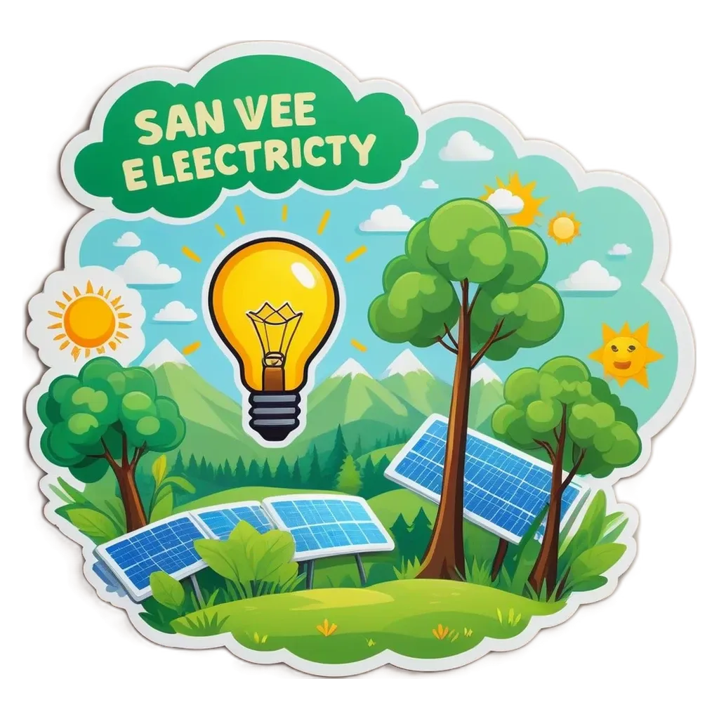 A San Veee Electricity logo in green with trees and the sun.
