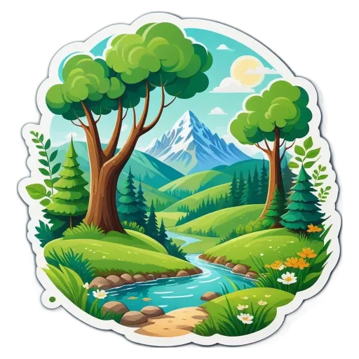 A landscape with a stream and trees and a mountain in the background.