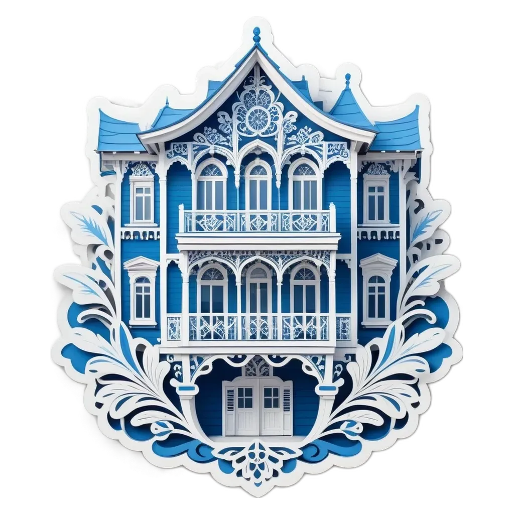 A sticker of a house with a large blue house on it.
