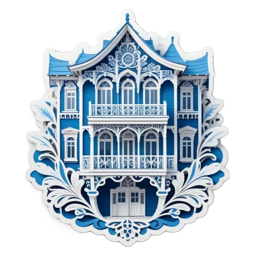 A sticker of a house with a large blue house on it.