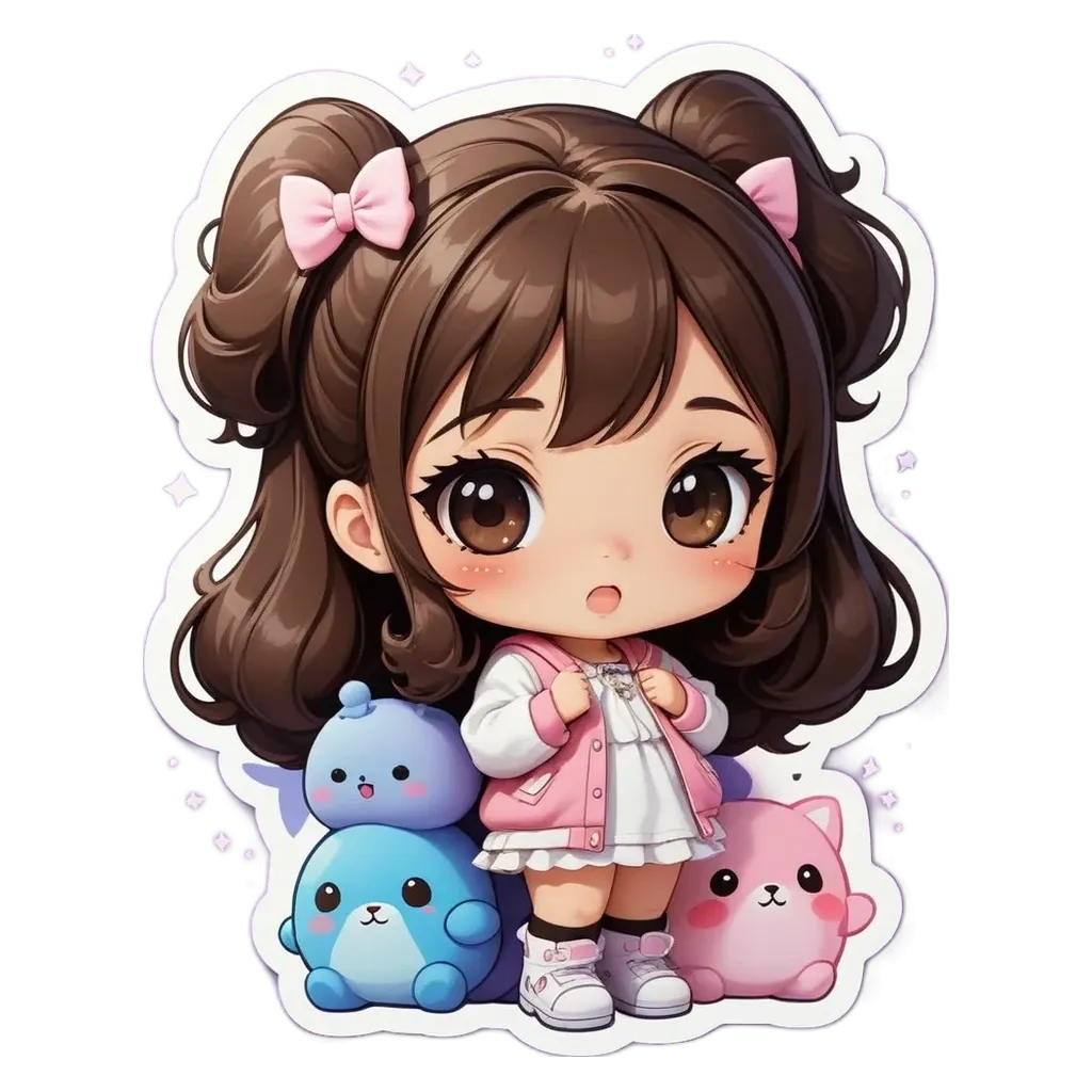 A girl is standing with her stuffed animals in front of her as a backdrop.