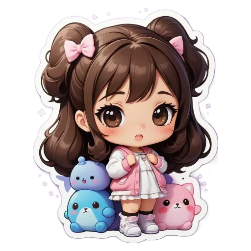A girl is standing with her stuffed animals in front of her as a backdrop.