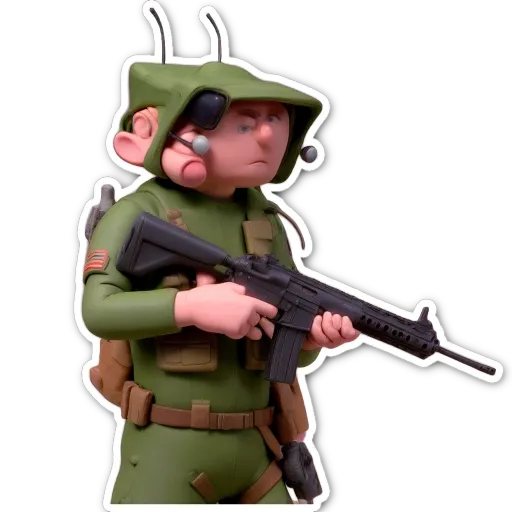 A green colored figure holding a gun is showing his back.