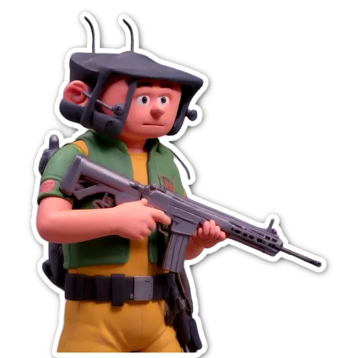 A child with a toy gun that is black and green.
