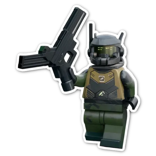 A lego man with a gun holding two in his right hand.