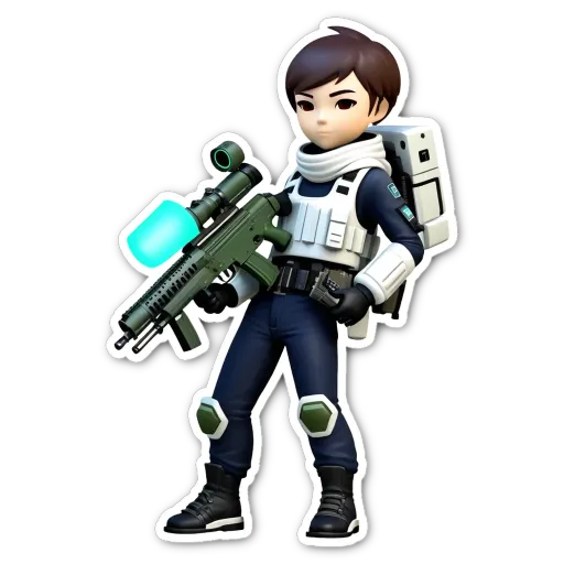 A childrens game character holding a gun with a black background.