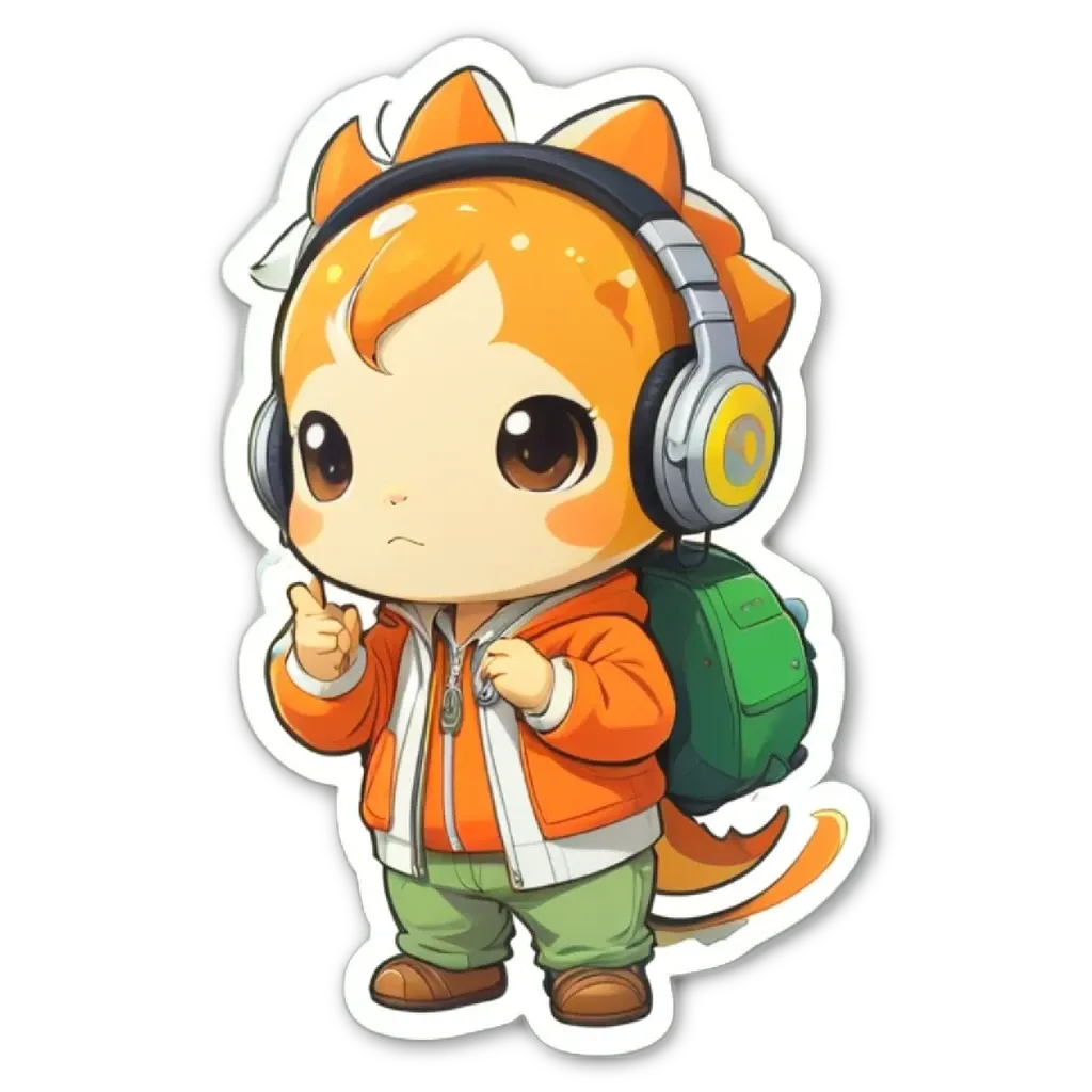 A small boy with a backpack and orange jacket, holding headphones in his hand.