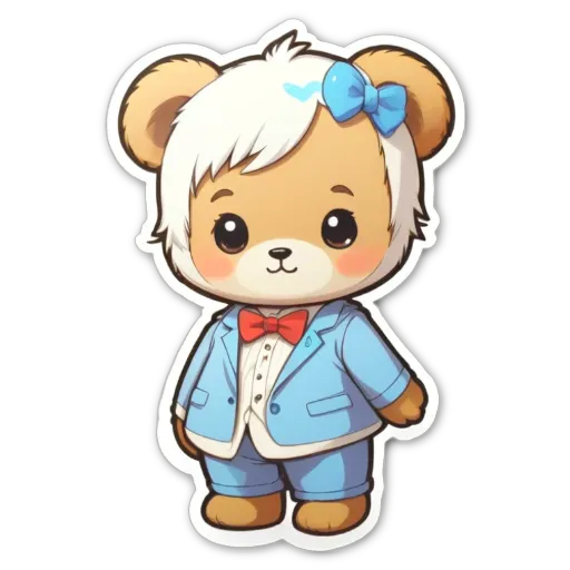 A bear wearing a blue suit and a bow tie.