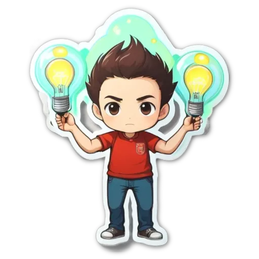 A boy holding two light bulbs and a red shirt.
