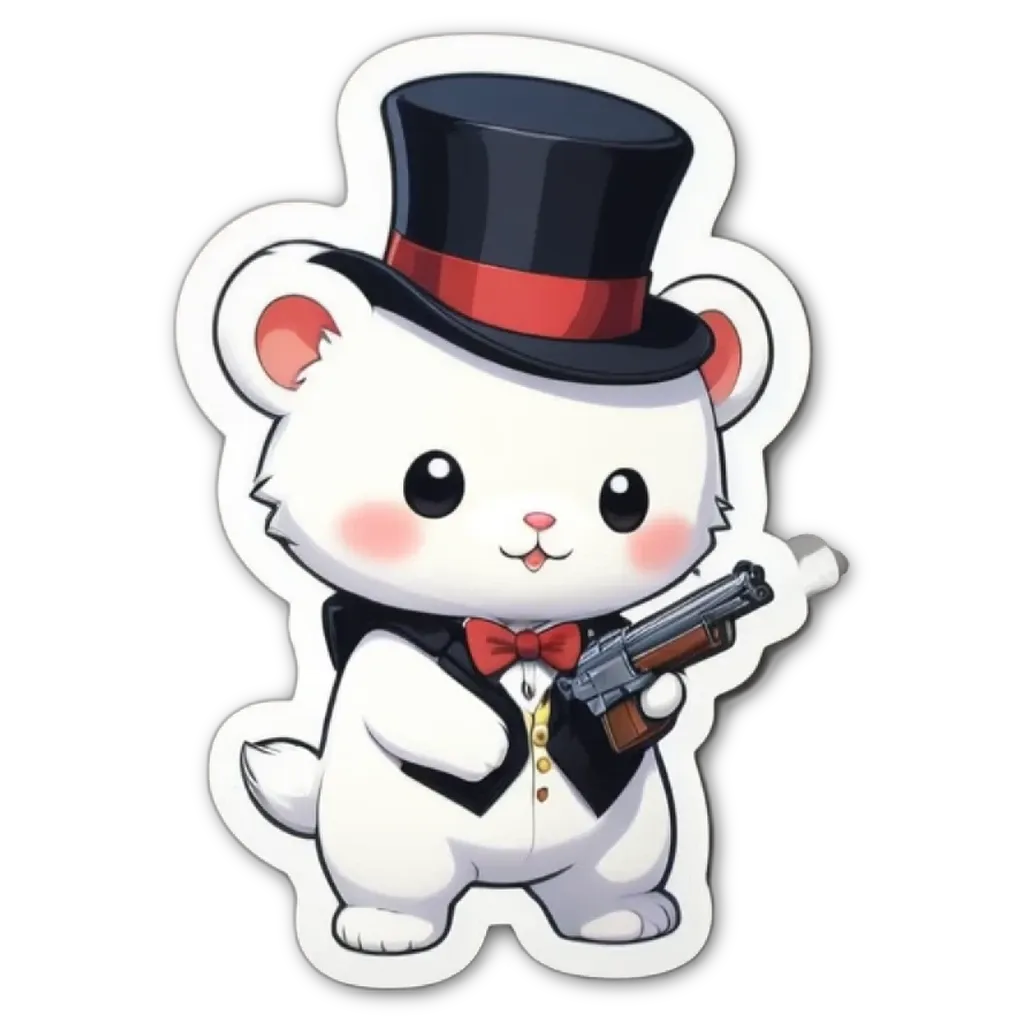 A white bear wearing a top hat and holding a gun.