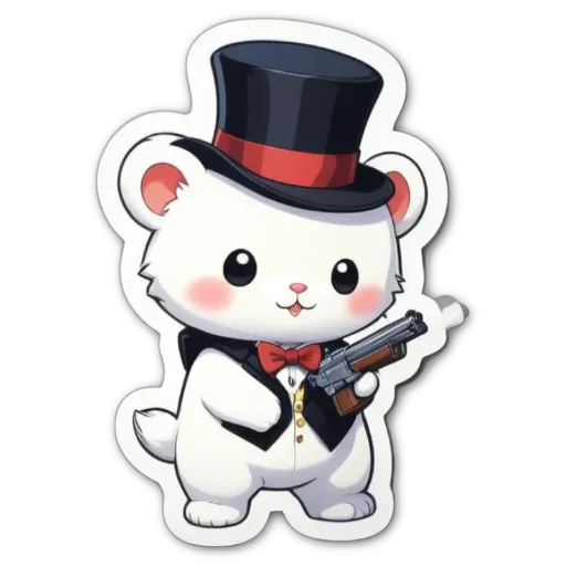 A white bear wearing a top hat and holding a gun.