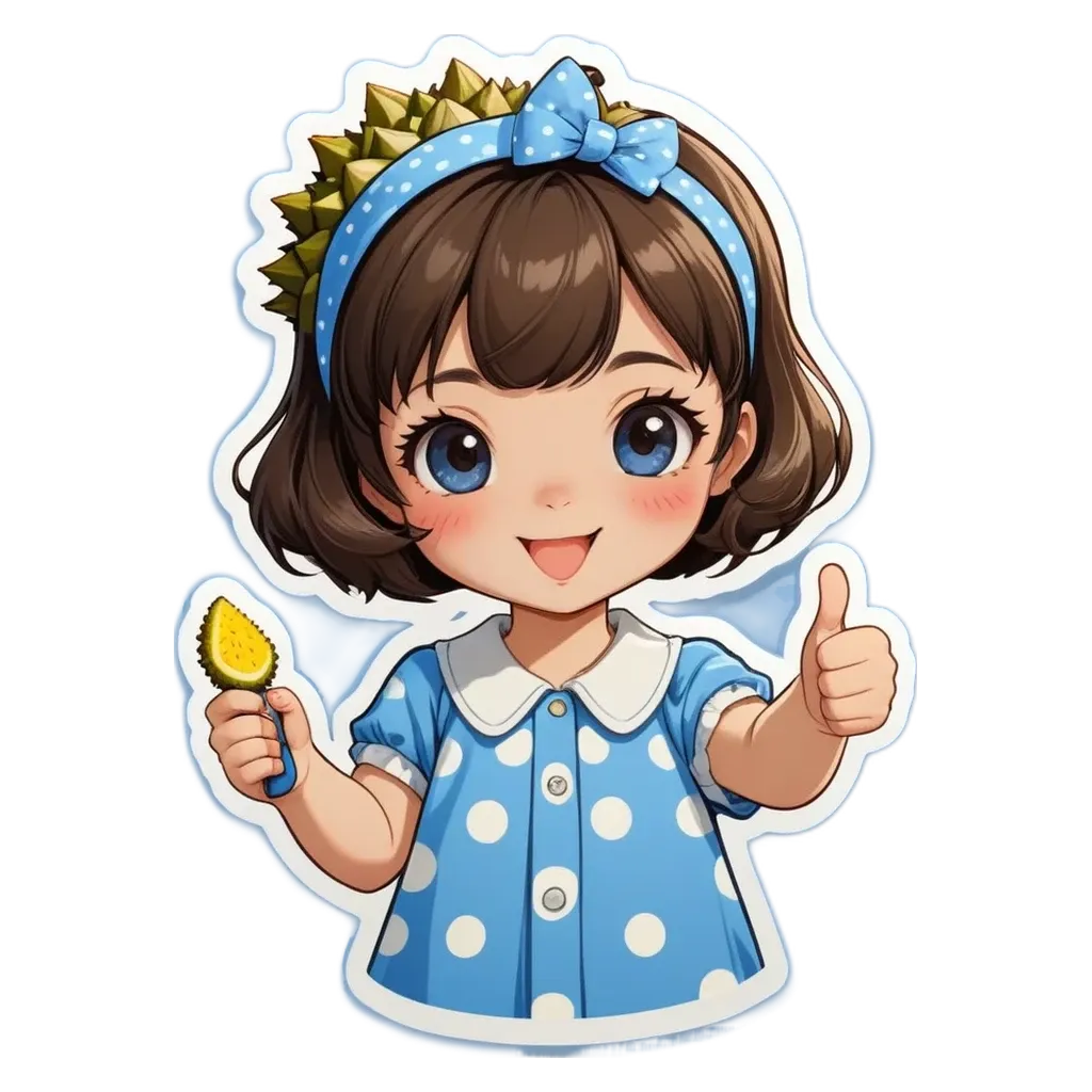 A girl wearing a blue and white dress with polka dots giving a thumbs up.