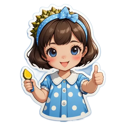 A girl wearing a blue and white dress with polka dots giving a thumbs up.