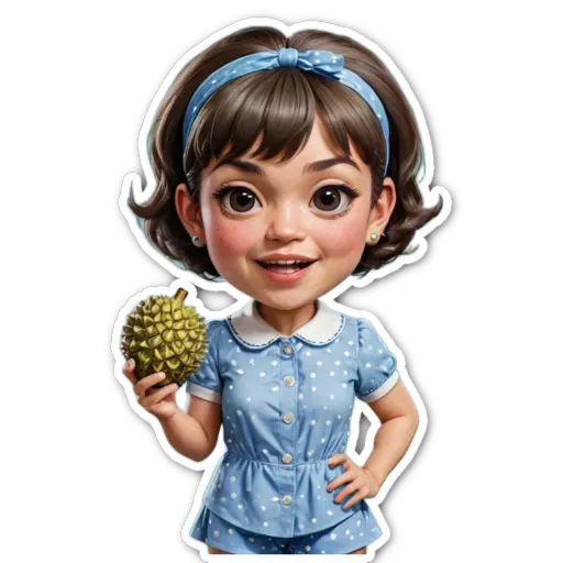 A sticker of a girl holding a fruit that looks like a pineapple.