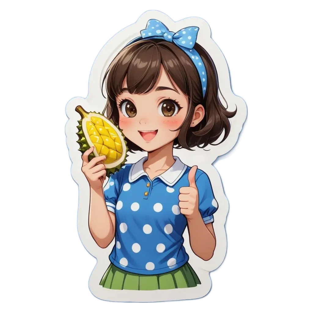 A cartoon girl showing a mango that she likes.
