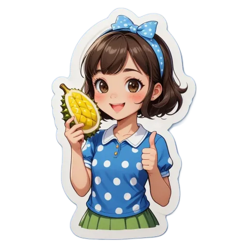 A cartoon girl showing a mango that she likes.