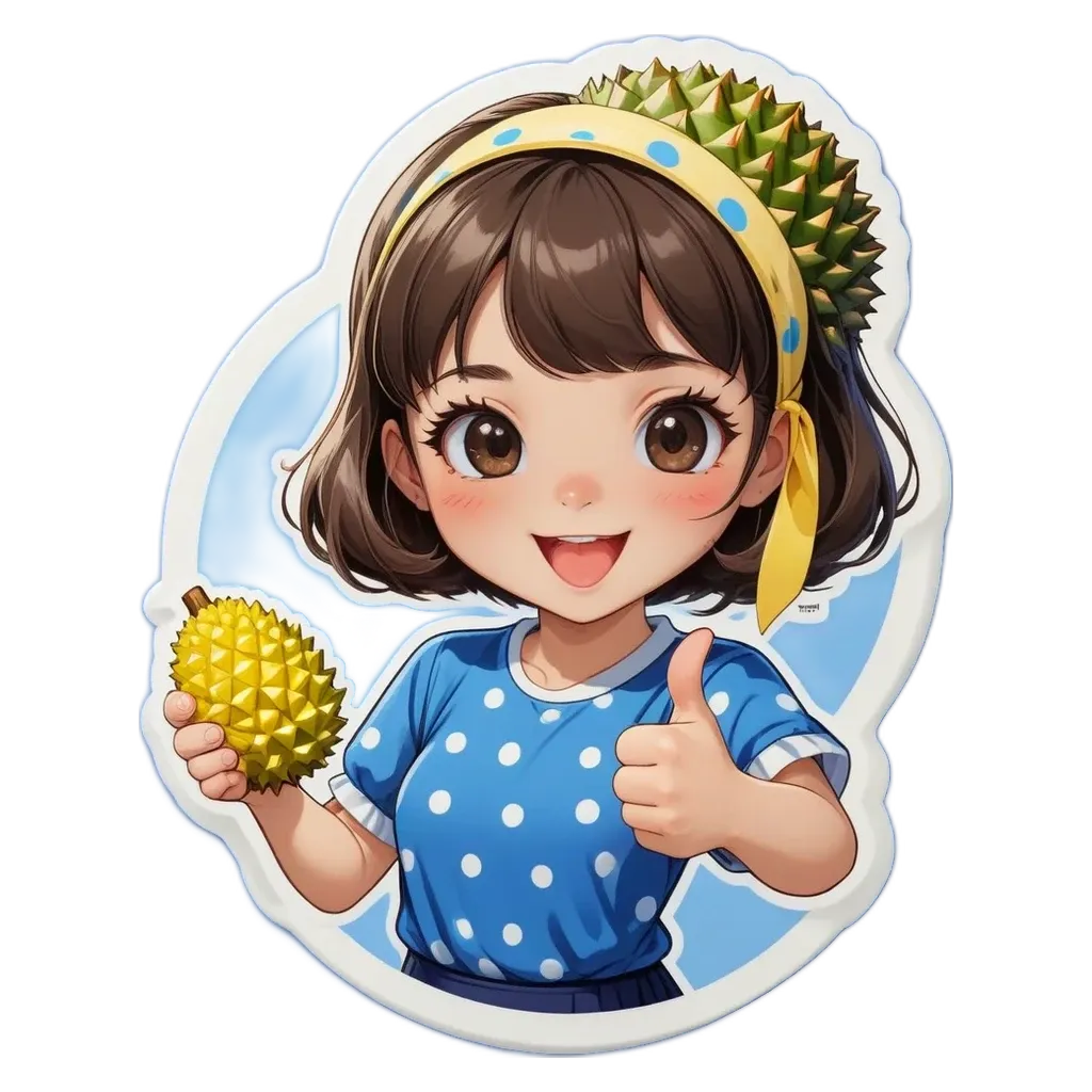 A sticker of a girl showing a fruit that she likes.