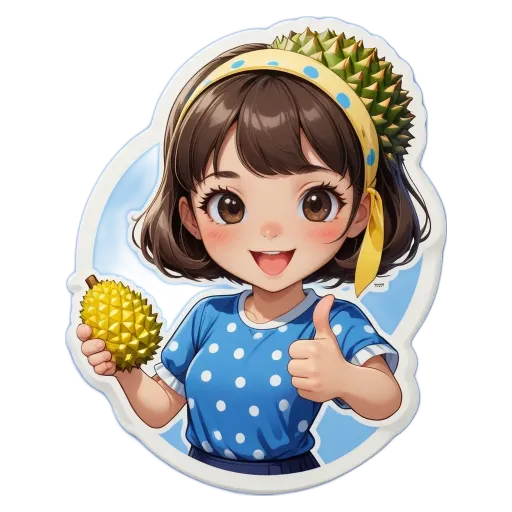 A sticker of a girl showing a fruit that she likes.